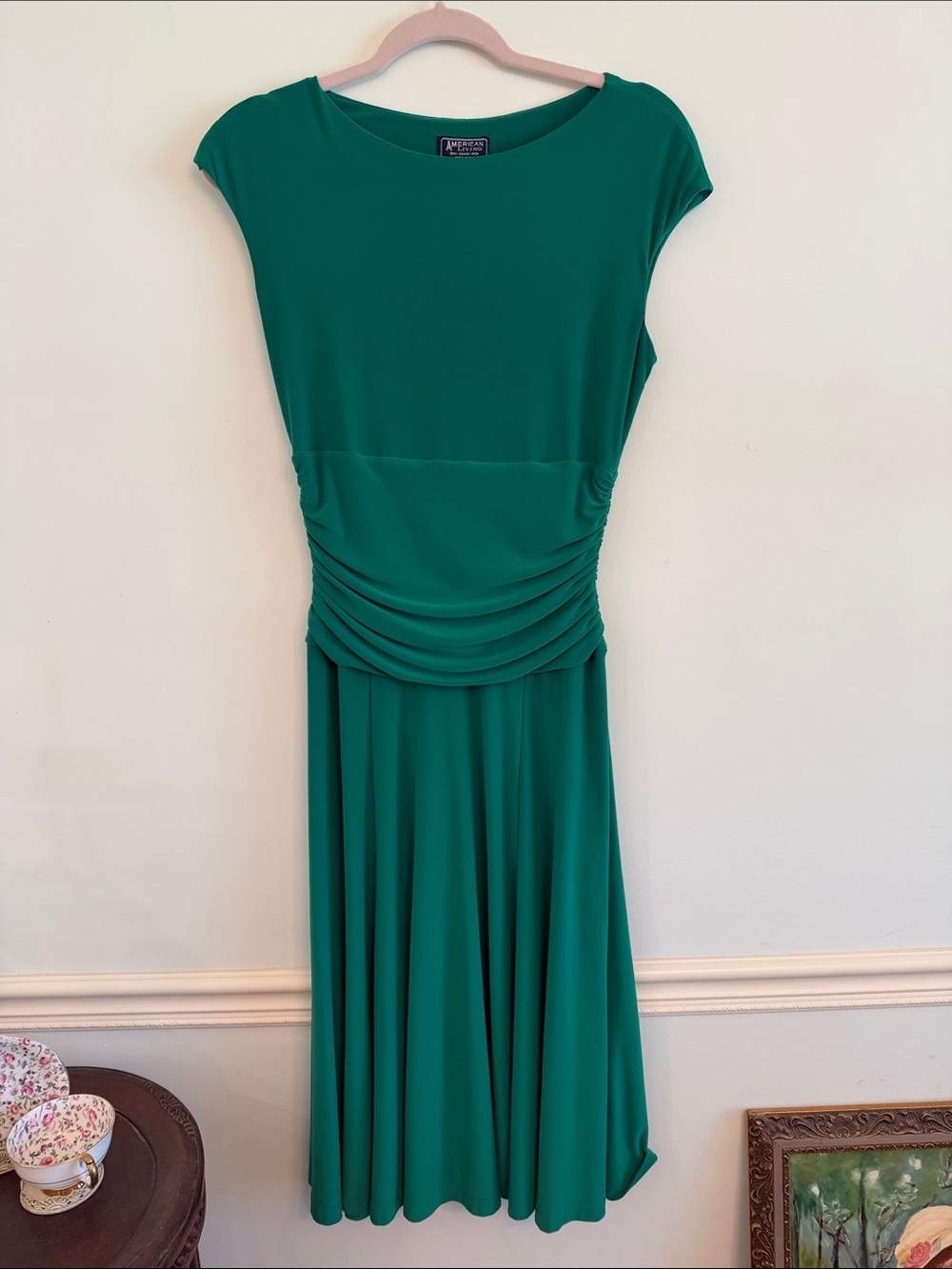 American Living Emerald Green Ruched-Waist Midi Dress